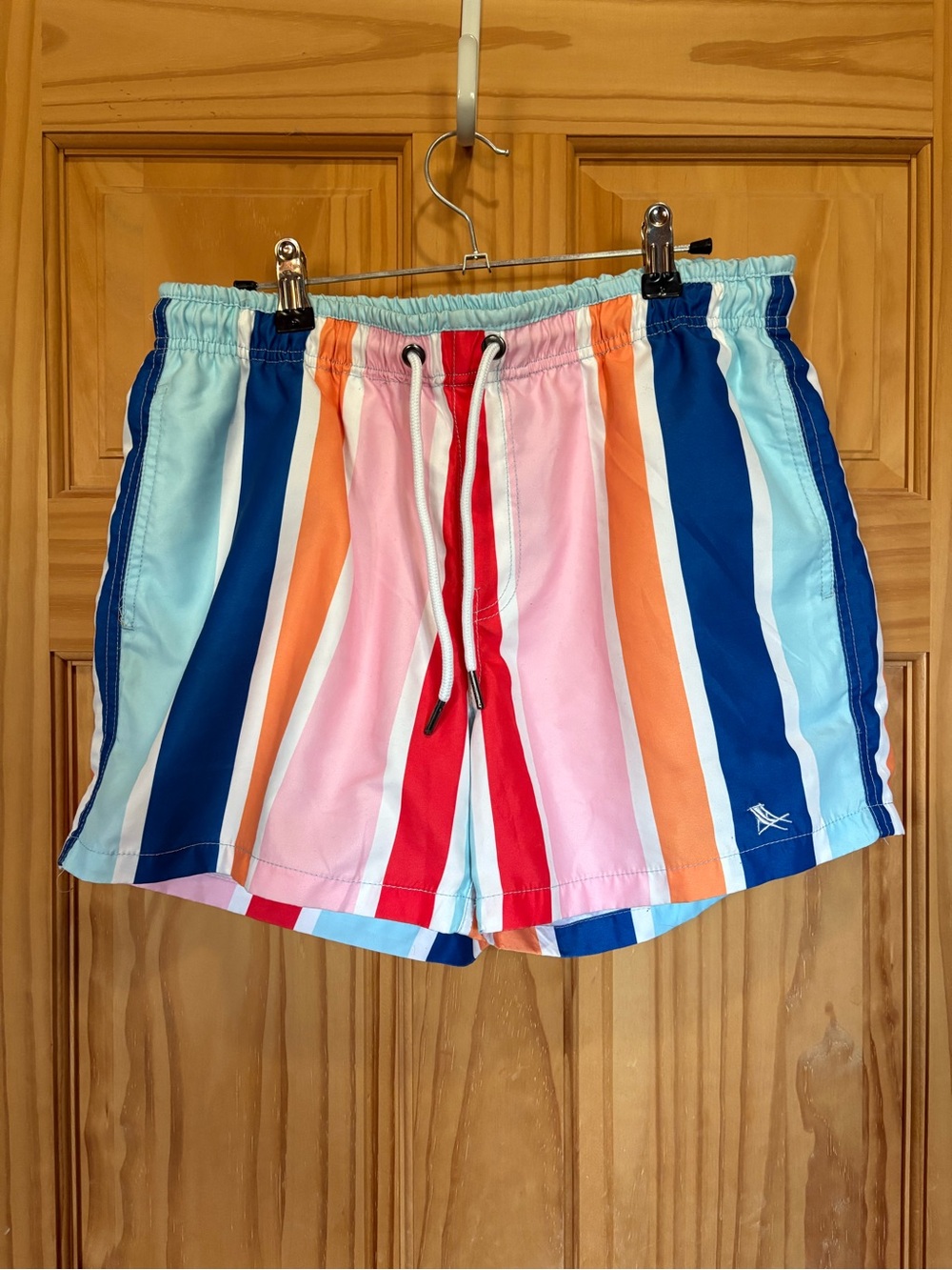Men's Swim Shorts - Pink, Blue, Orange, Red and White Multi-Striped